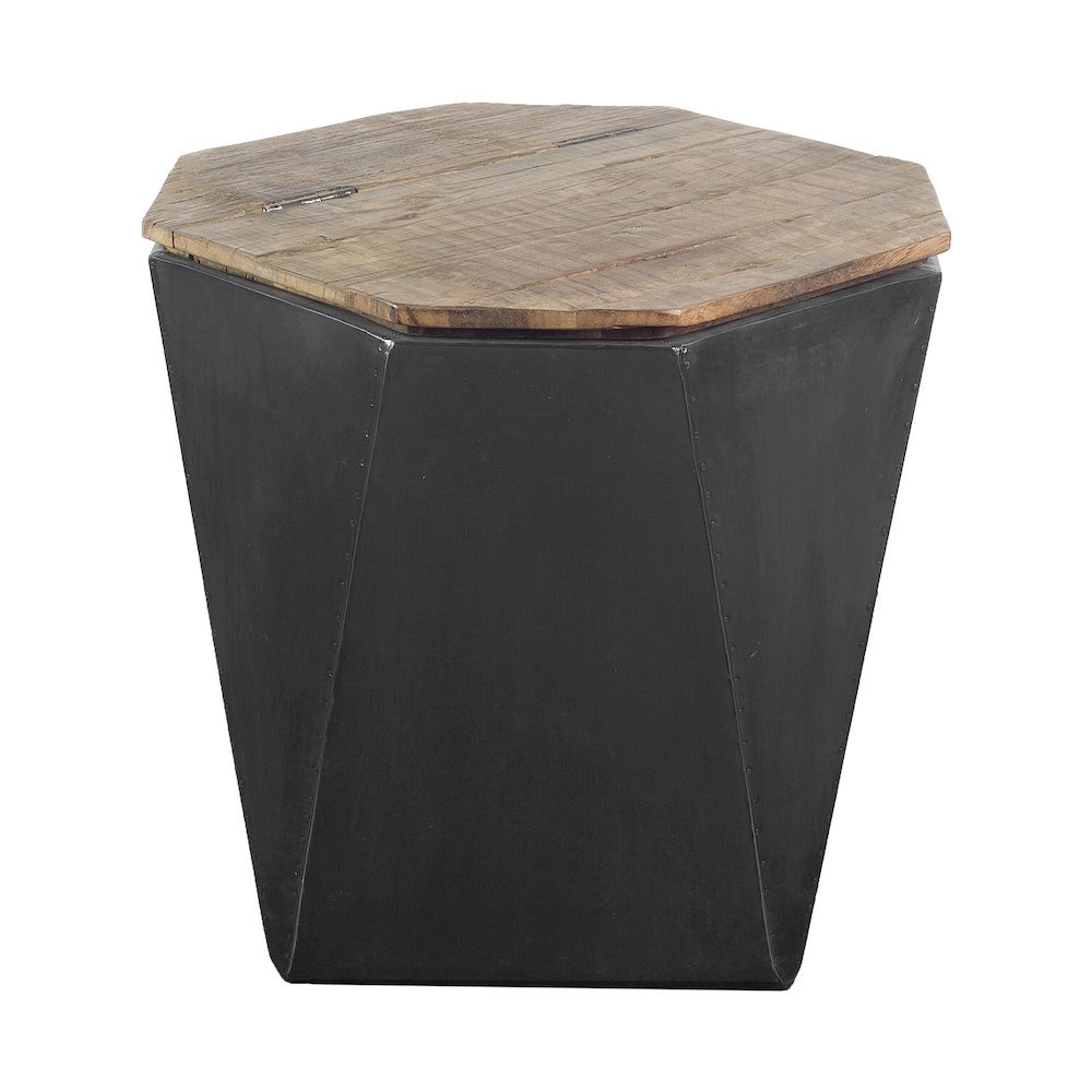 Esagono Octagonal Black Metal-Clad Reclaimed Wood End/Side Table w/ Storage. Picture 1