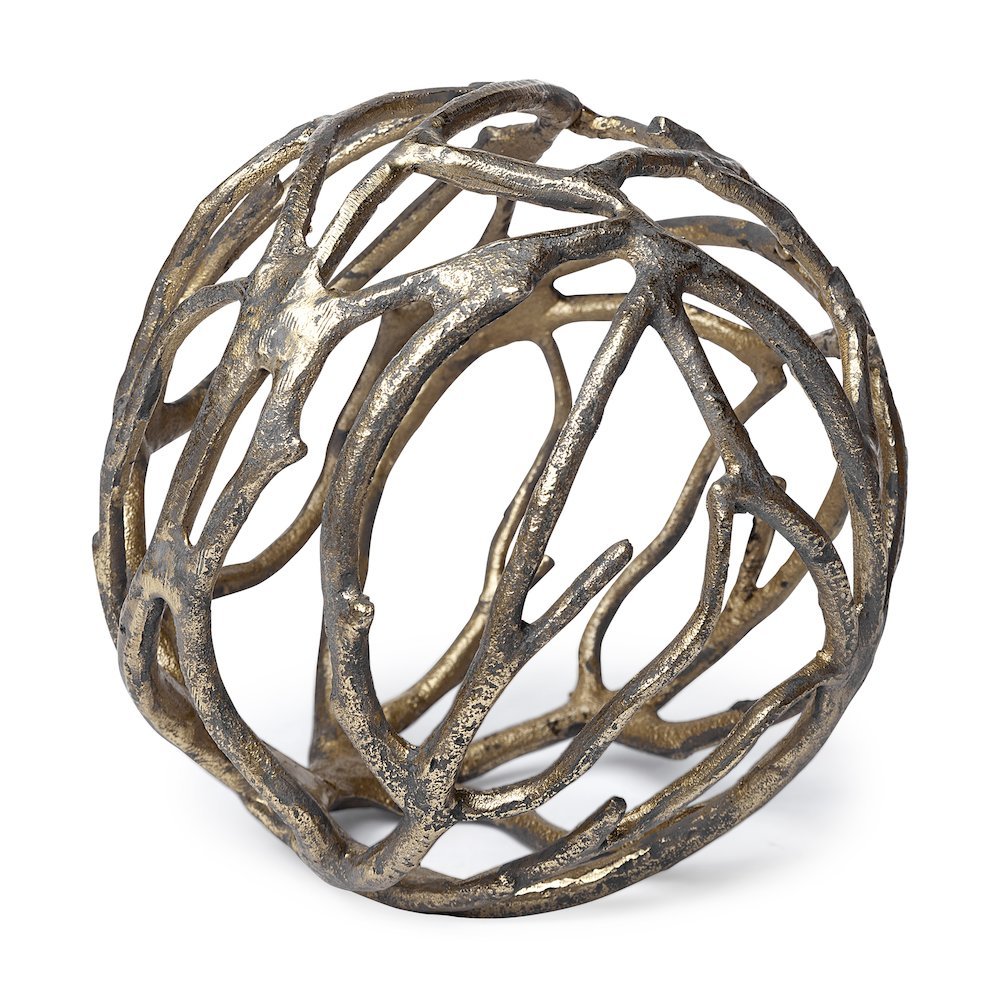 Sphaira Noir II Large 7L x 7W Gold Cast Aluminum Decorative Tree Branch Orb. Picture 1