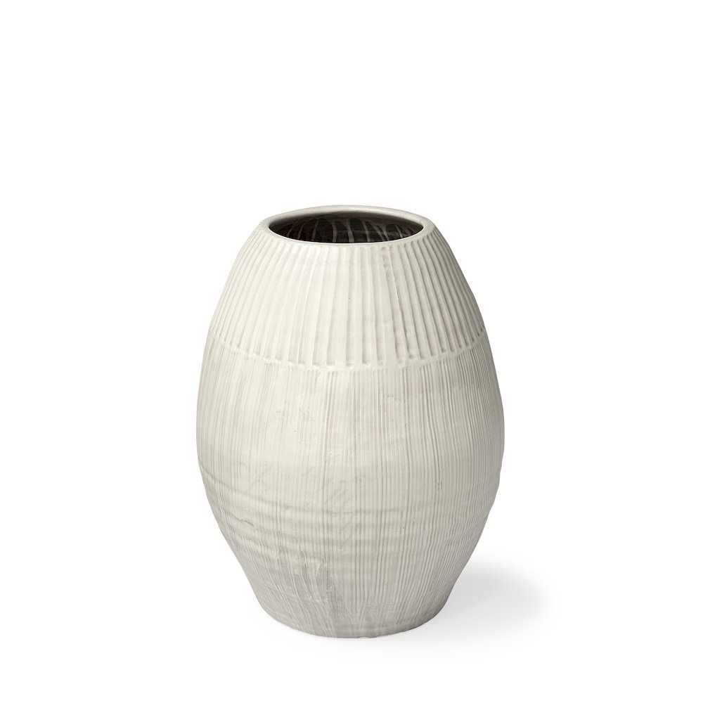 Reyan Small Pearl White Ceramic Striped Vase. Picture 1