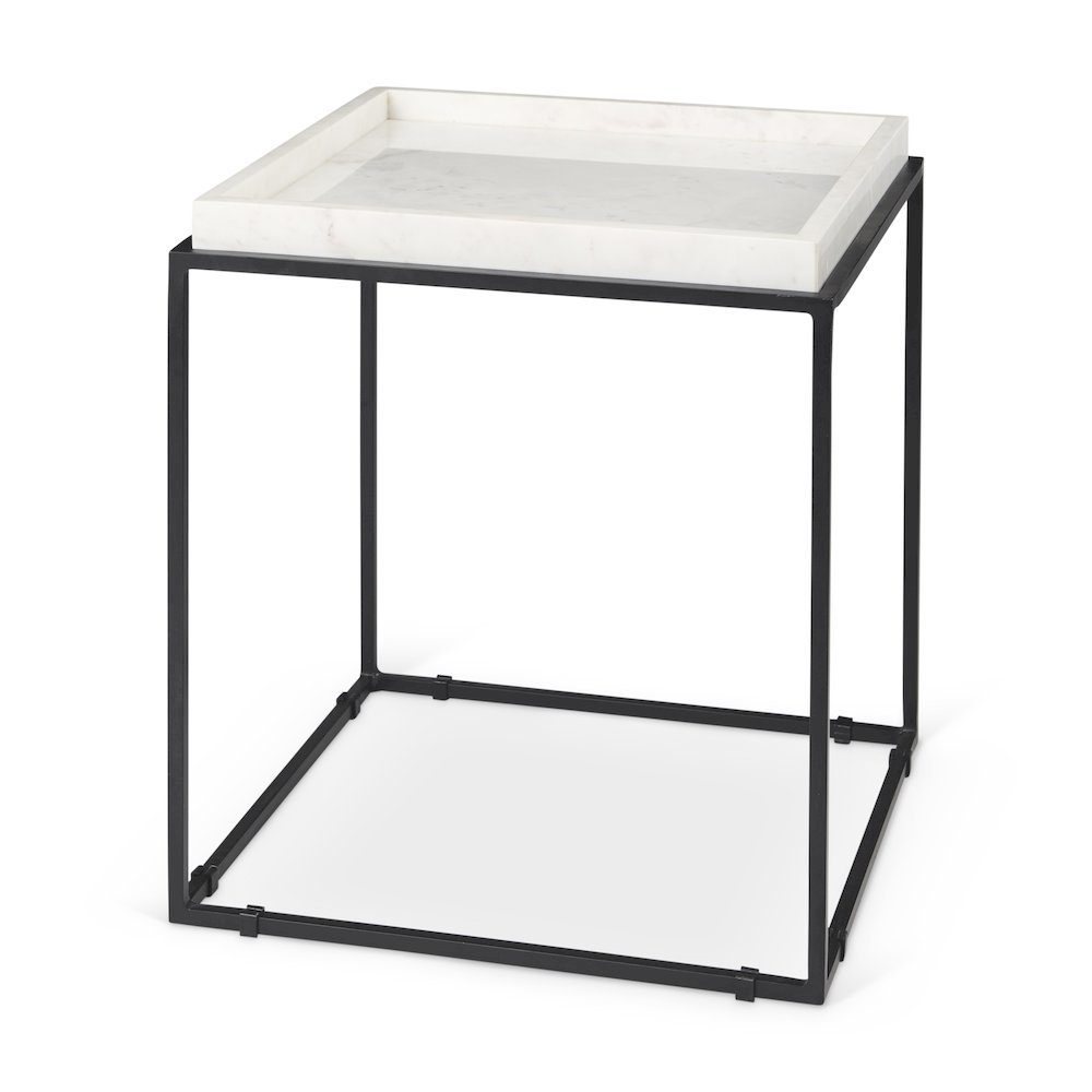 Nathan II 18" x 20" Square Top White Marble and Black Metal End/Side Table. Picture 1