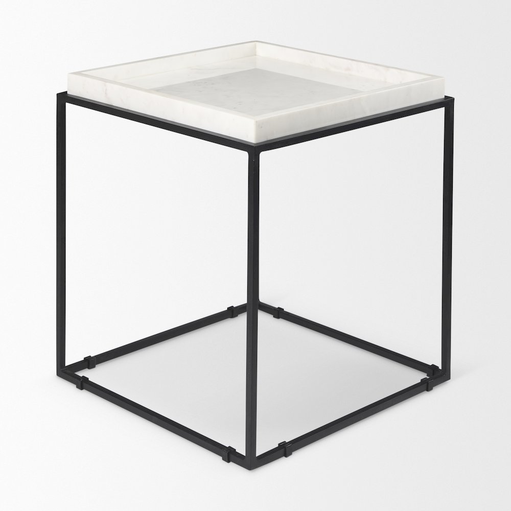 Nathan II 18" x 20" Square Top White Marble and Black Metal End/Side Table. Picture 3