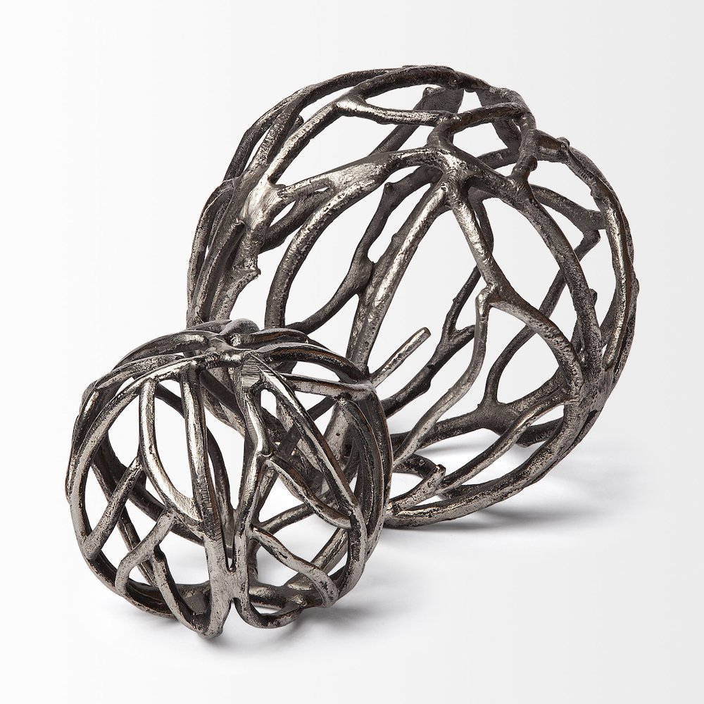 Sphaira I Small 5L x 5W Silver Cast Aluminum Decorative Tree Branch Orb. Picture 2