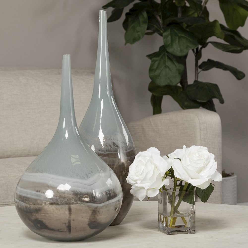 Erie II Tall Two Toned Sky Blue Dark Brown Blown Glass Vase. Picture 2