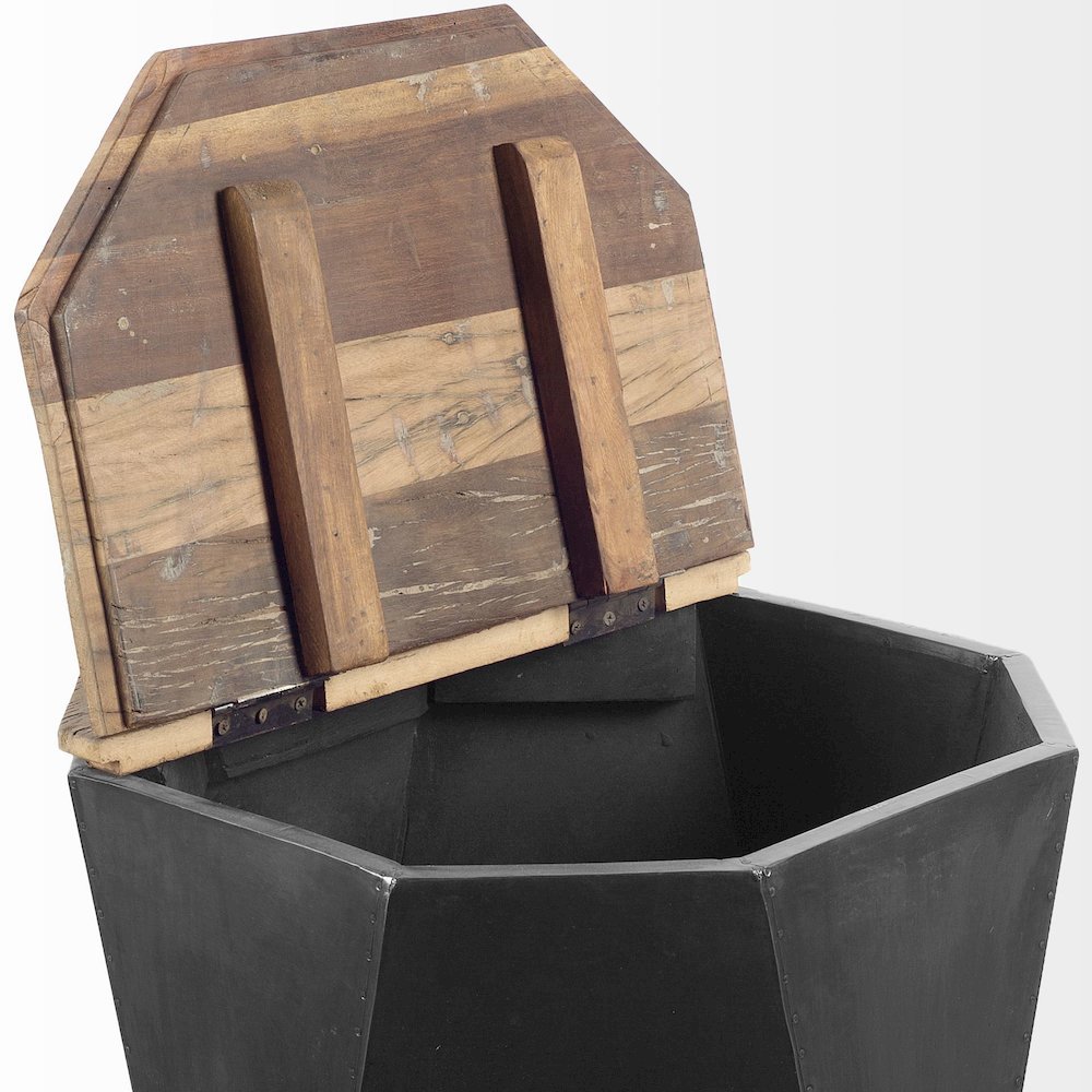 Esagono Octagonal Black Metal-Clad Reclaimed Wood End/Side Table w/ Storage. Picture 3