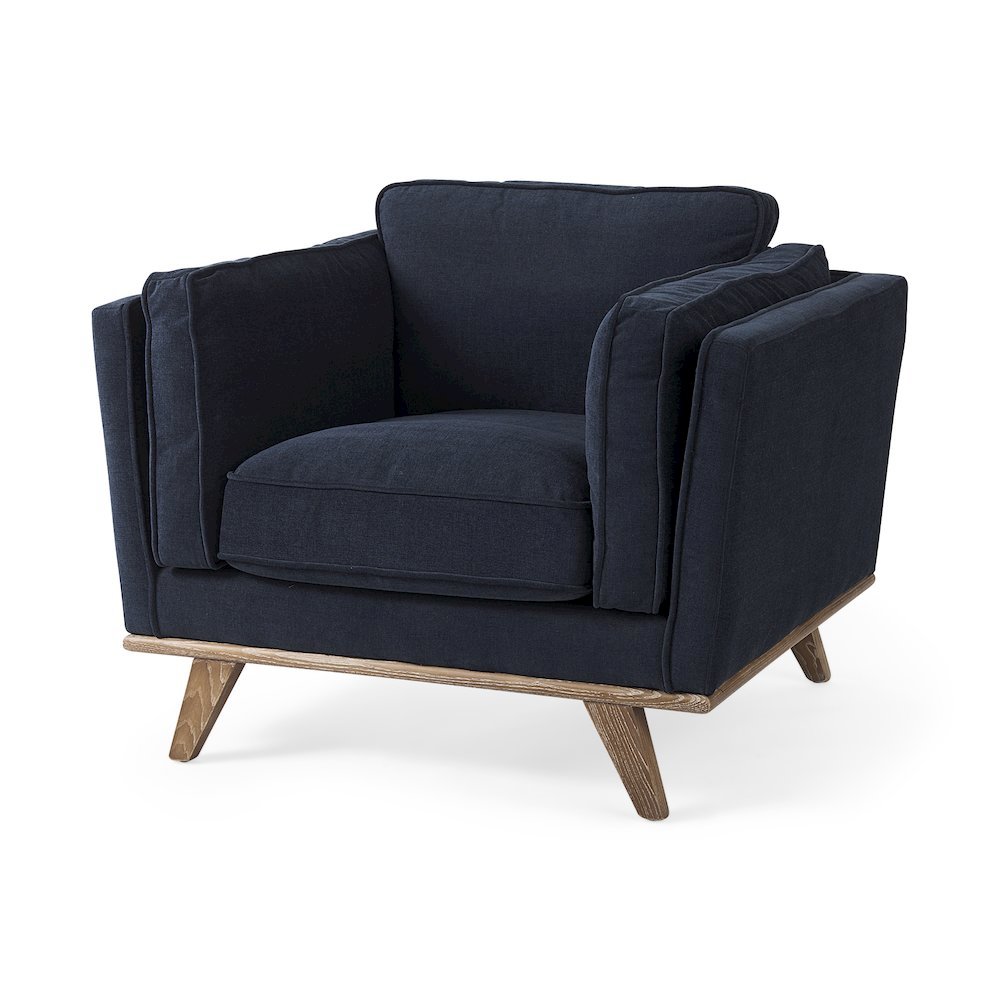 Brooks 41.7L x 34.8W x 33.5H Navy Blue Fabric Chair W/ Medium Brown Wooden Legs. Picture 1