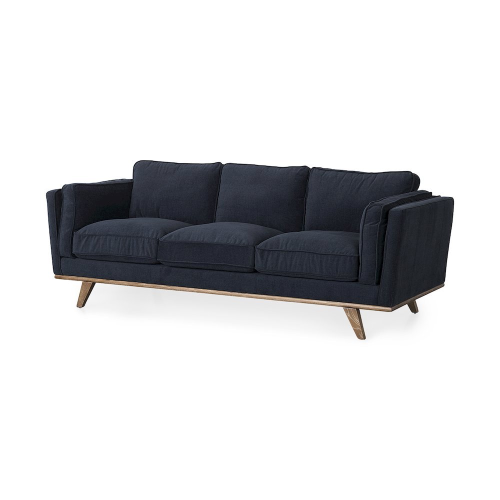 Navy Blue Fabric Three Seater Sofa W/ Medium Brown Wooden Legs. Picture 1
