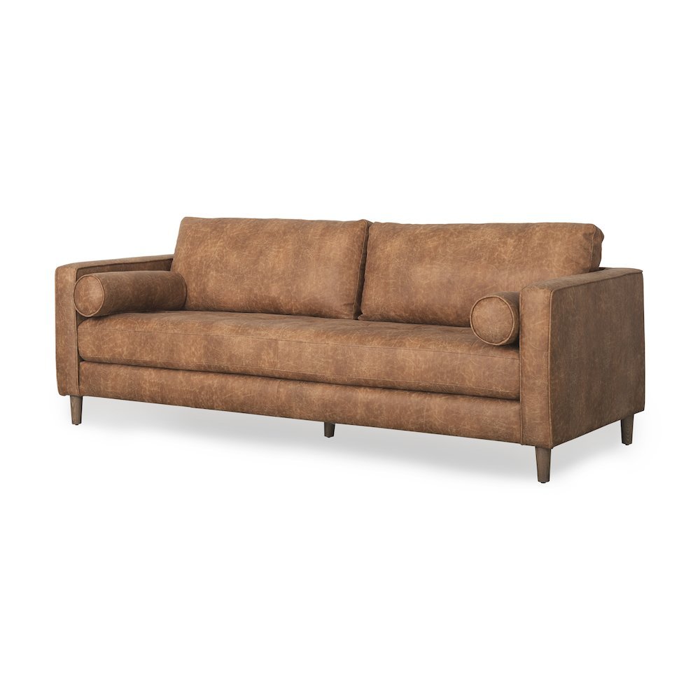 Cognac Brown Faux Leather Three Seater Sofa with Two Bolster Cushions. Picture 1