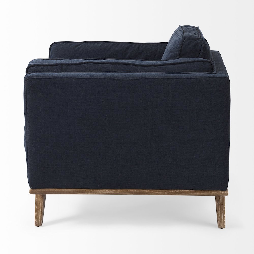 Brooks 41.7L x 34.8W x 33.5H Navy Blue Fabric Chair W/ Medium Brown Wooden Legs. Picture 3