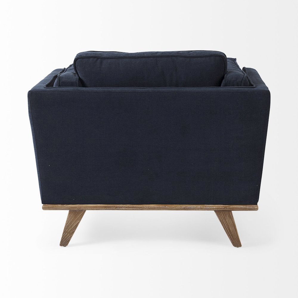 Brooks 41.7L x 34.8W x 33.5H Navy Blue Fabric Chair W/ Medium Brown Wooden Legs. Picture 4