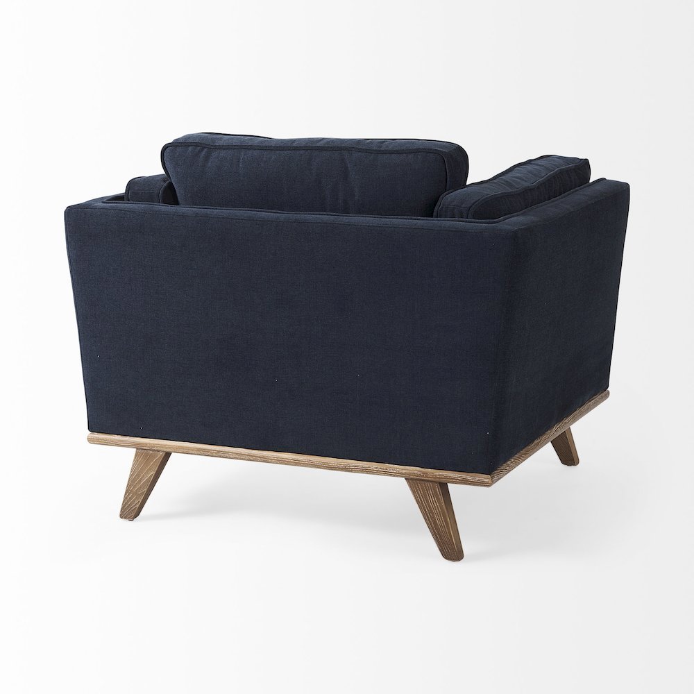 Brooks 41.7L x 34.8W x 33.5H Navy Blue Fabric Chair W/ Medium Brown Wooden Legs. Picture 5