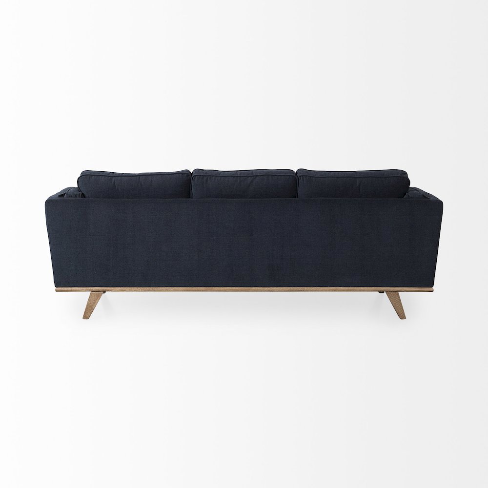 Navy Blue Fabric Three Seater Sofa W/ Medium Brown Wooden Legs. Picture 3
