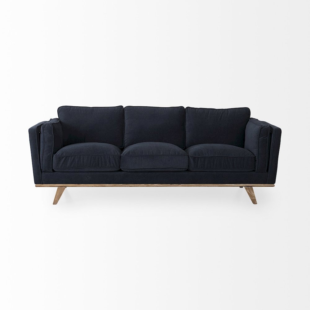 Navy Blue Fabric Three Seater Sofa W/ Medium Brown Wooden Legs. Picture 4