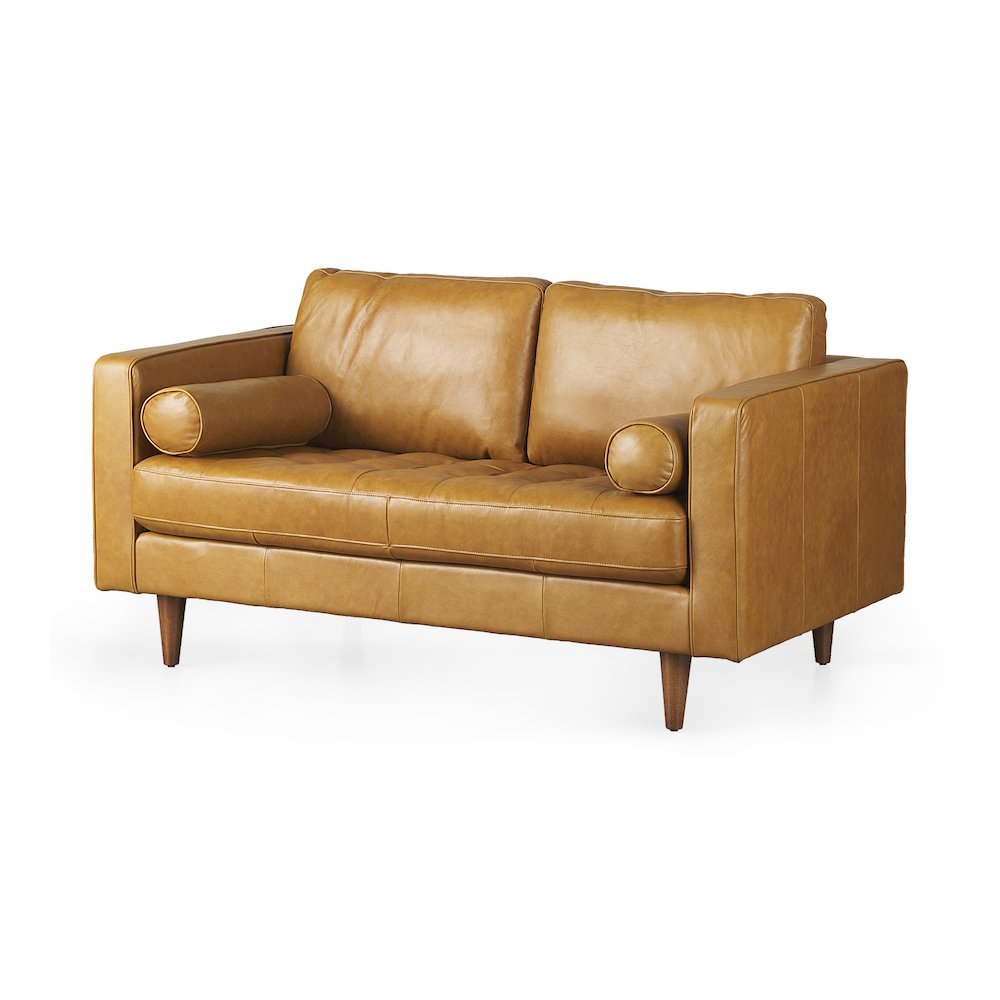 Svend 65.0L x 38.0W x 34.0H Tan Leather Love Seat Sofa. Picture 1