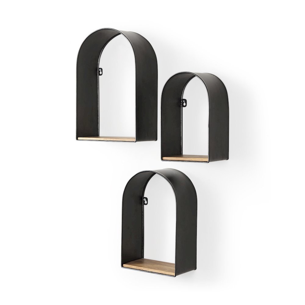 Finley Set of 3 Black Metal W/Wood Wall Shelves. Picture 1