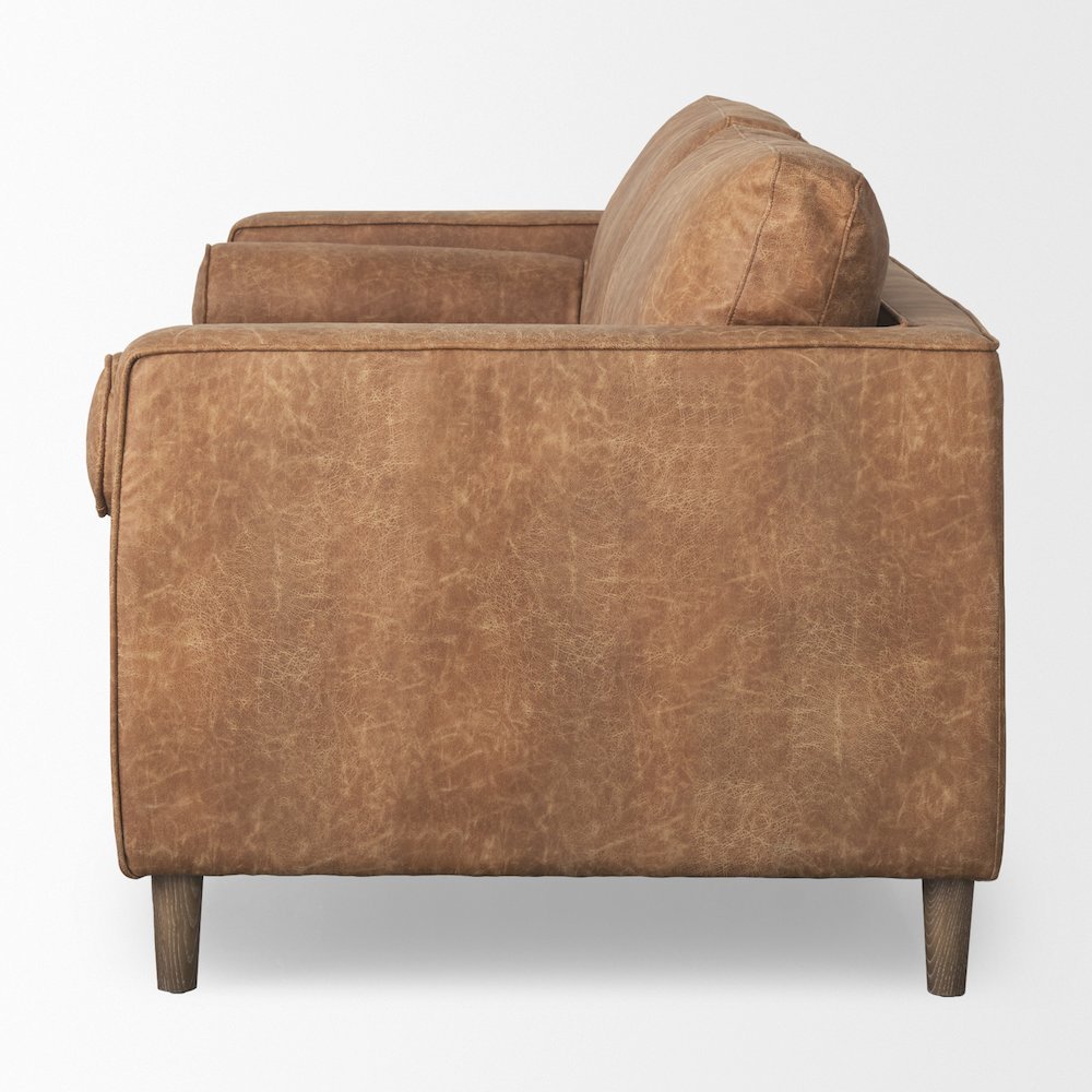 Cognac Brown Faux Leather Three Seater Sofa with Two Bolster Cushions. Picture 3