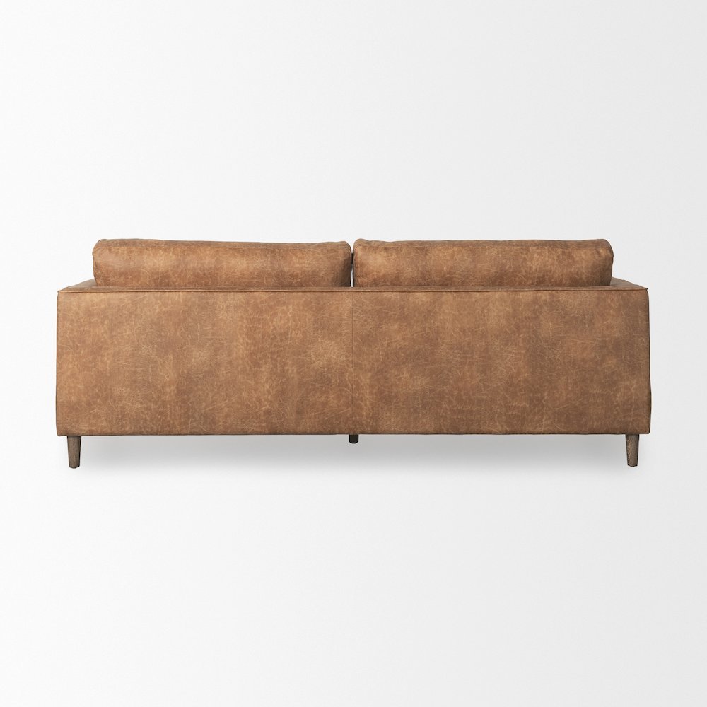 Cognac Brown Faux Leather Three Seater Sofa with Two Bolster Cushions. Picture 4