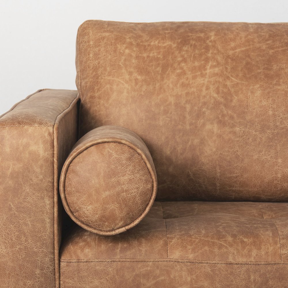 Cognac Brown Faux Leather Three Seater Sofa with Two Bolster Cushions. Picture 5