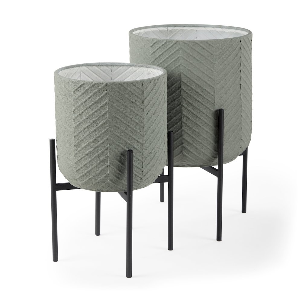 Mabel Set of Two 15.4 x 24.8  Green Top W/ Black Iron Base Plant Stands. Picture 1