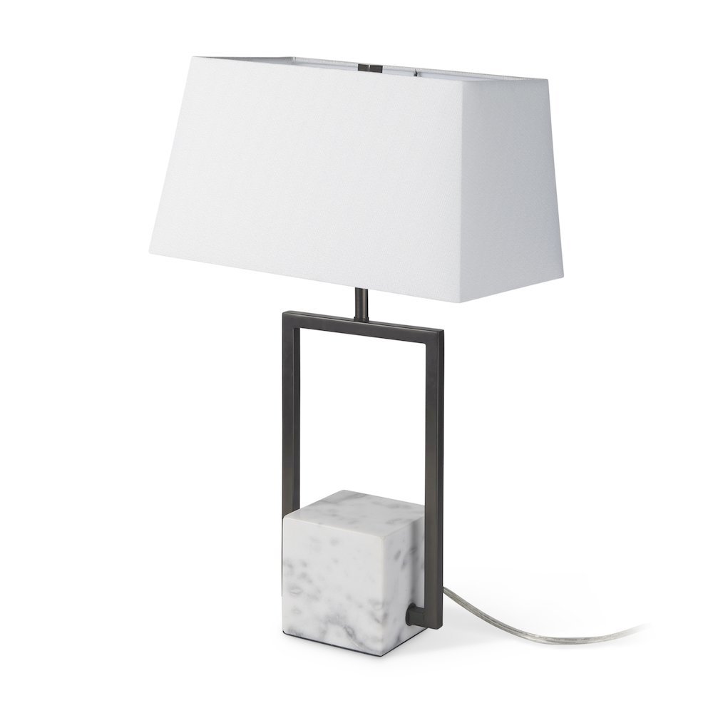 Peyton 14.0L x 9.0W x 26.2H Black Metal W/Marble Cube and White Shade Table Lamp. Picture 1