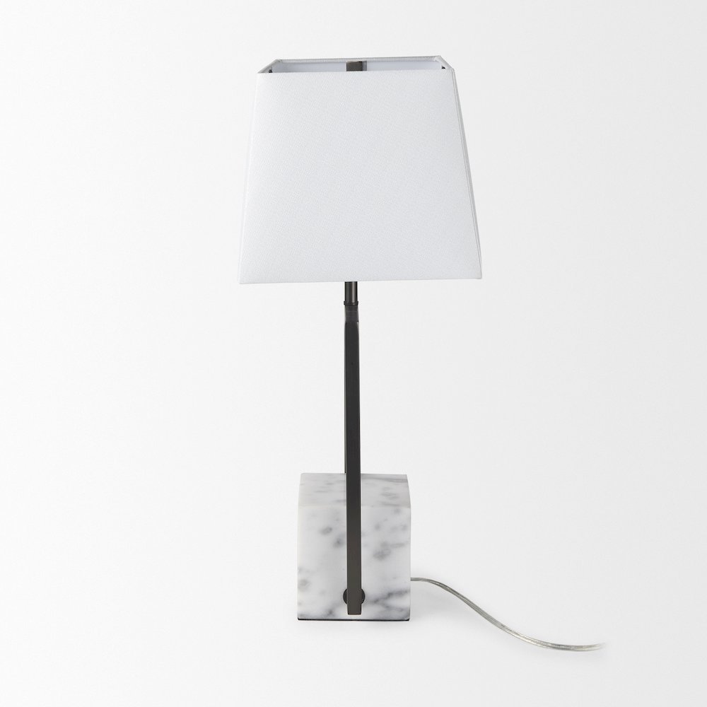 Peyton 14.0L x 9.0W x 26.2H Black Metal W/Marble Cube and White Shade Table Lamp. Picture 2