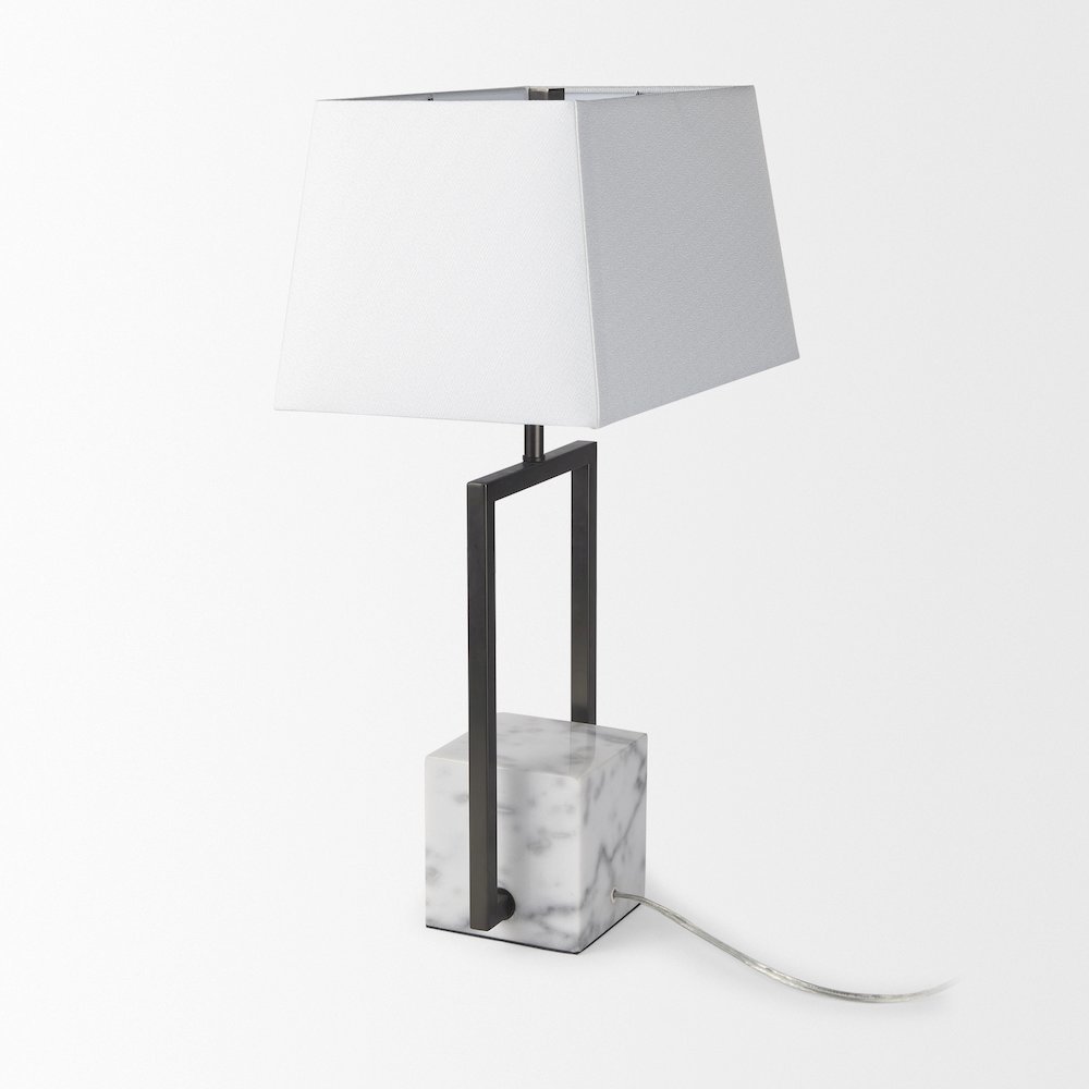 Peyton 14.0L x 9.0W x 26.2H Black Metal W/Marble Cube and White Shade Table Lamp. Picture 3