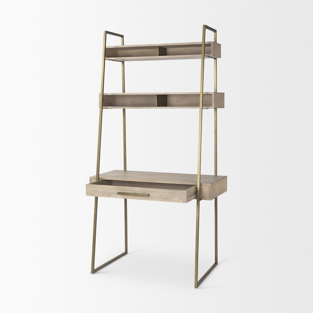 Cordell  42.0L x 25.0W x 78.0H Light Brown Wood W/Gold Metal Office Desk. Picture 5