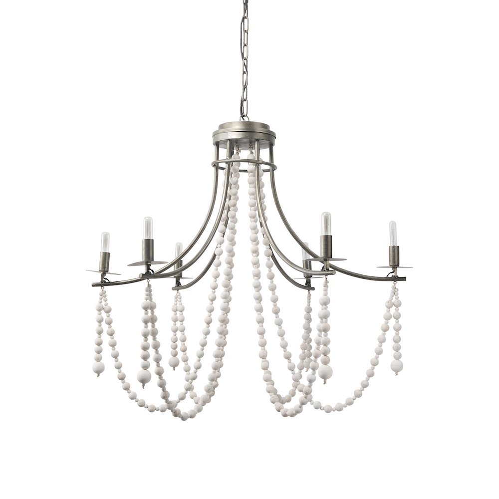 Selma White Wood Bead and Metal Chandelier. Picture 1