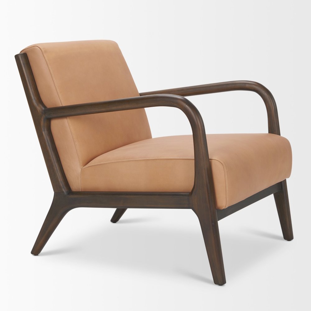 Cashel Accent Chair W/ Dark Brown Wood and Tan Genuine Leather. Picture 5