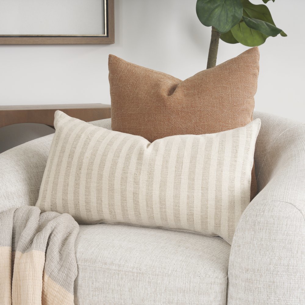 Jace Cream w/ Beige Stripe Lumbar Decorative Pillow Cover. Picture 2