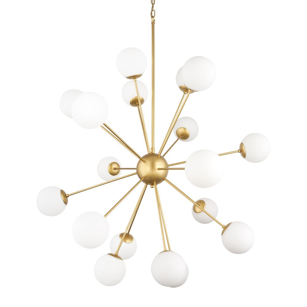 Barbara Brushed Gold Metal w/ Frosted Glass Globes  18-Light Chandelier. Picture 1
