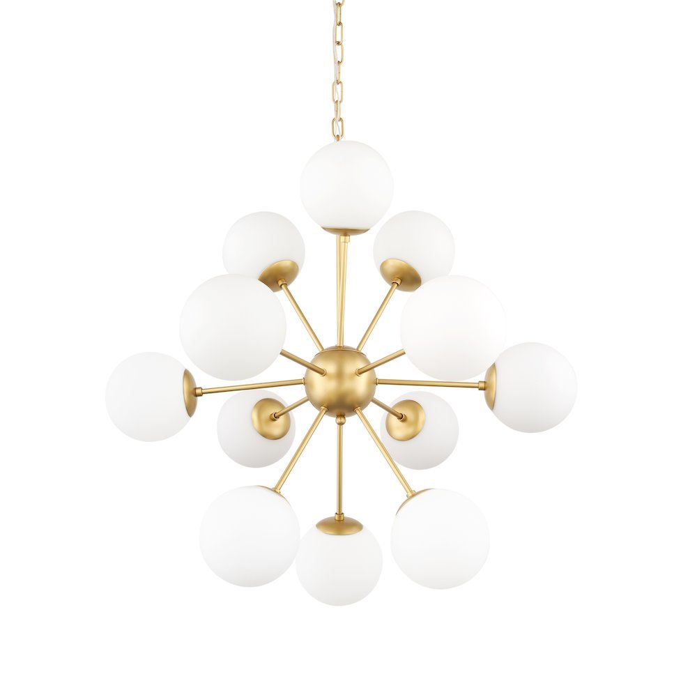 Barbara Brushed Gold Metal w/ Frosted Glass Globes 11-Light Chandelier. Picture 1