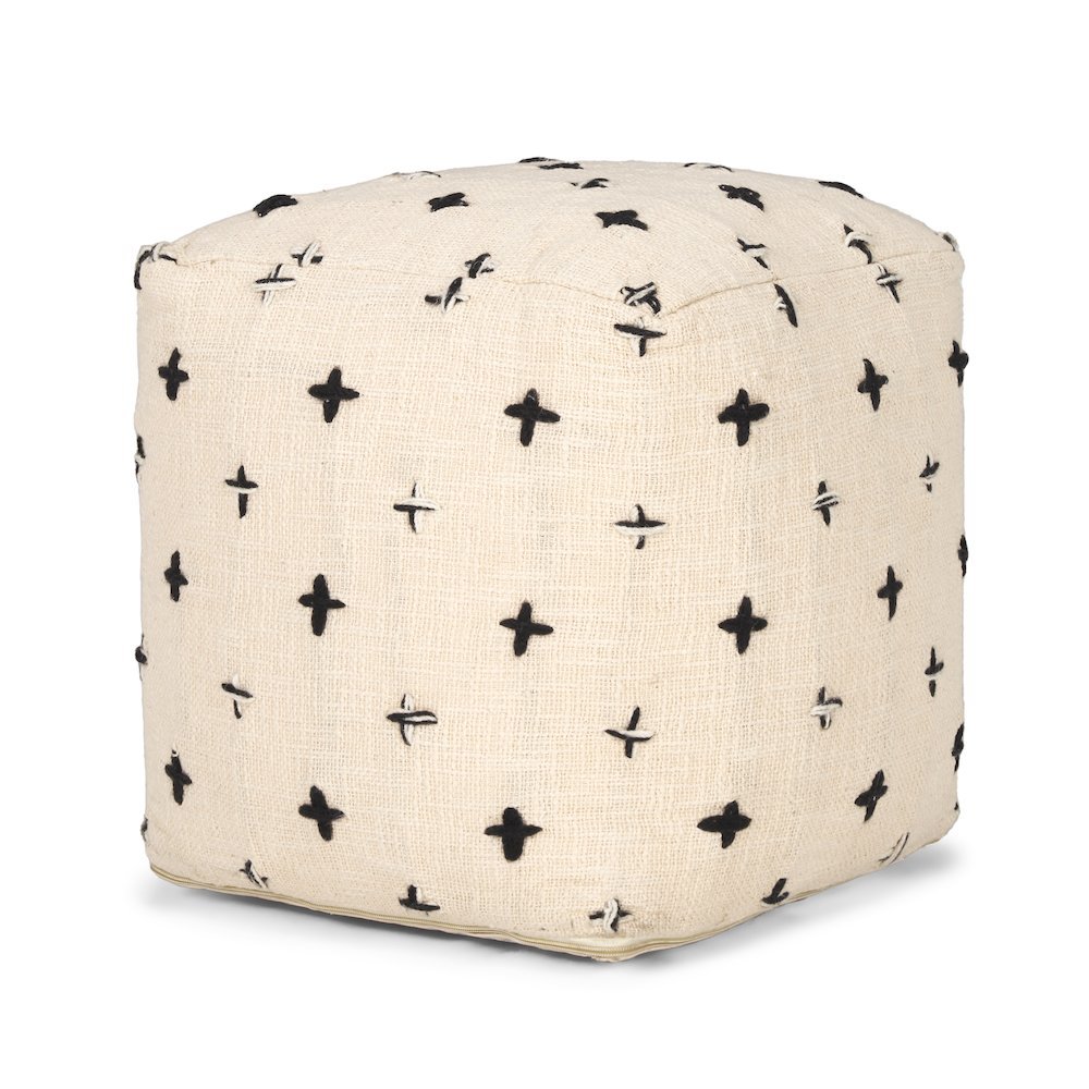 Saanvi Wool w/ Cream and Black Stitched Cross Patterned Pouf. Picture 1