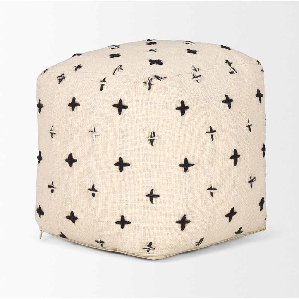 Saanvi Wool w/ Cream and Black Stitched Cross Patterned Pouf. Picture 2