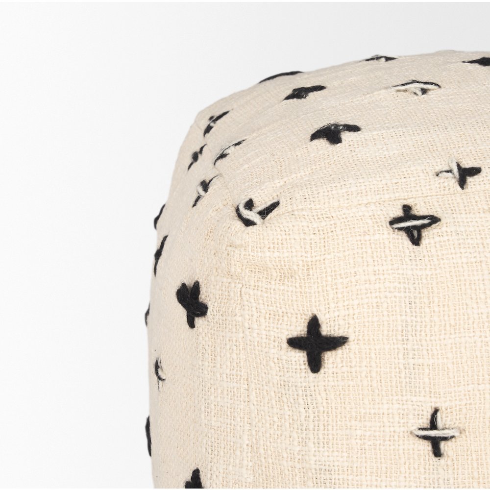 Saanvi Wool w/ Cream and Black Stitched Cross Patterned Pouf. Picture 3