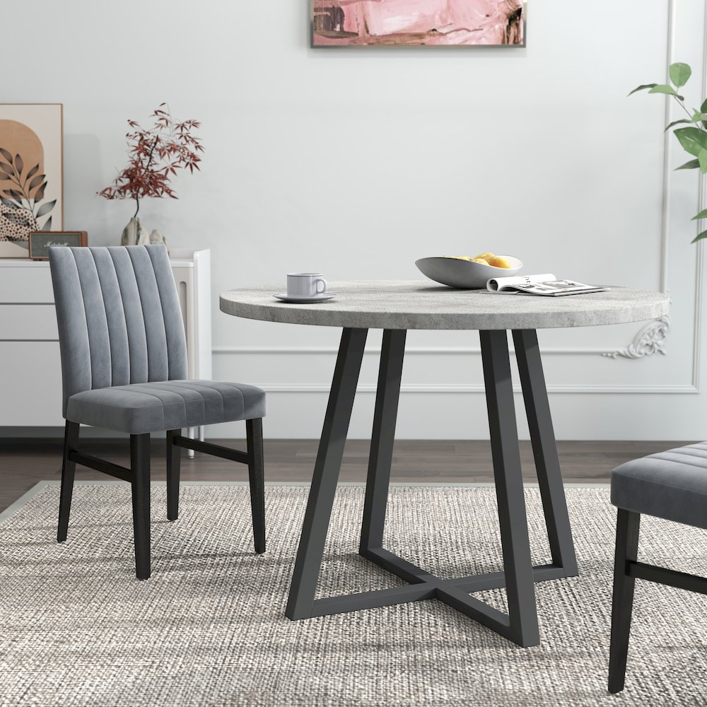 Edo 5-Piece Dining Set, Round Trestle Table and 4 Upholstered Chairs, Gray. Picture 7