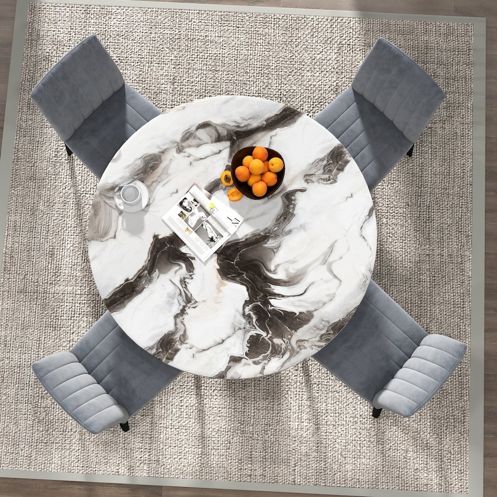 5-Piece Dining Set, Off-White Faux Marble Dining Table with Four Chairs, Gray. Picture 5