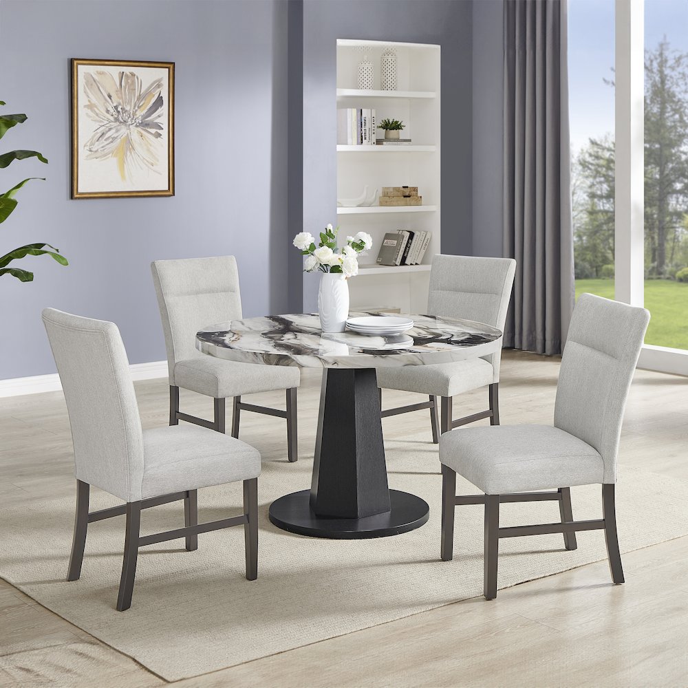 Cavira 5-PC Dining Set, Off-White Faux Marble Table with Four Gray Chairs. Picture 2