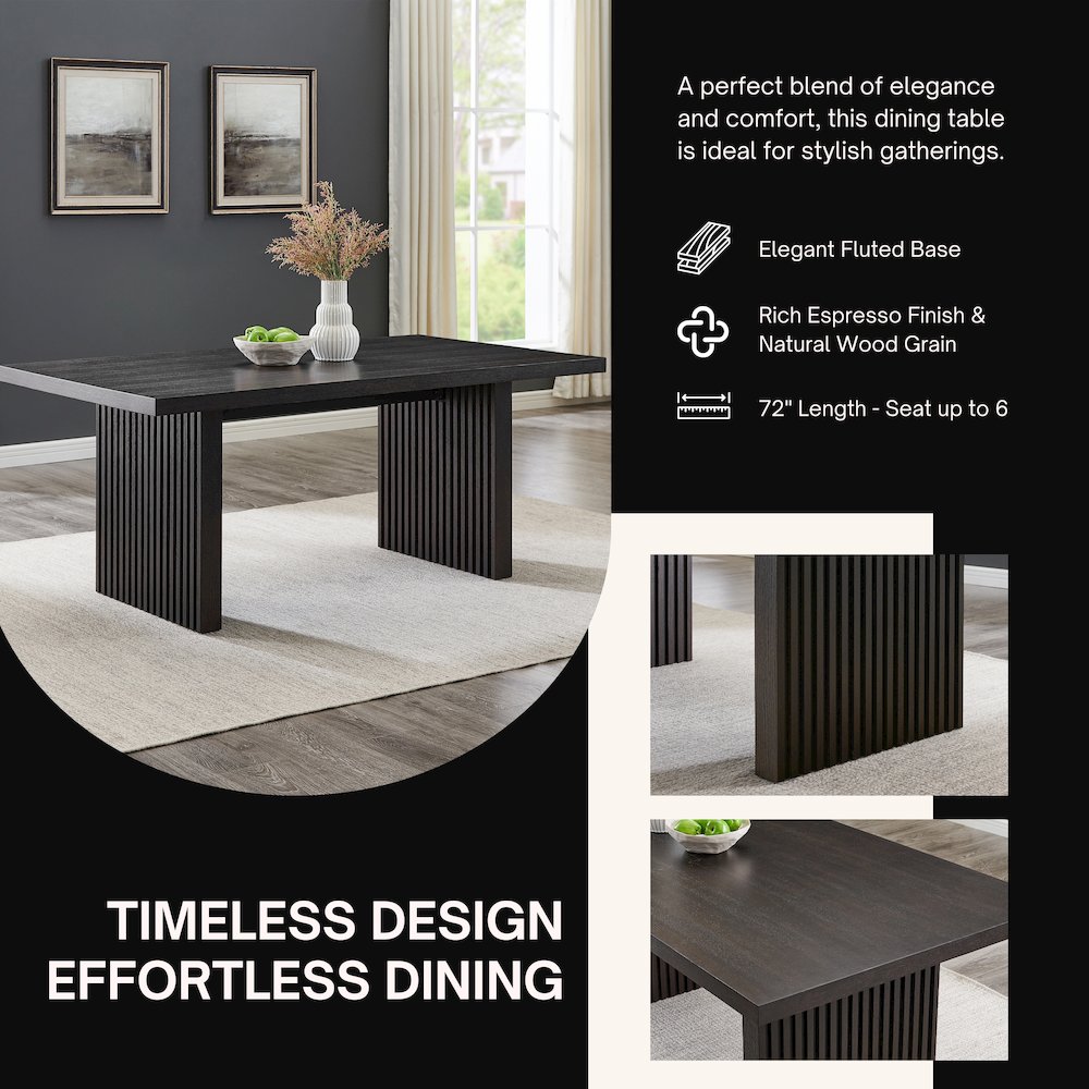 Madison 7-Piece Dining Set, Slat-Fluted Dining Table with 6 Chairs, Chocolate. Picture 9