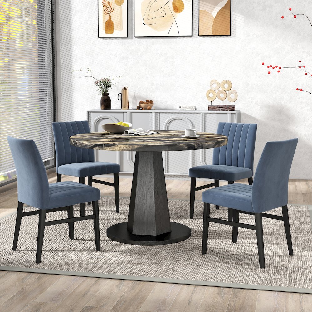 5-Piece Dining Set, Black and Gold Faux Marble Dining Table Four Chairs, Blue. Picture 4