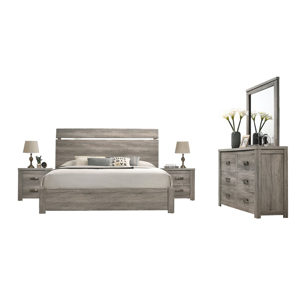 Weathered Gray Wood Bedroom Set, King Panel Bed, Dresser, Mirror, 2 Nightstands. Picture 1