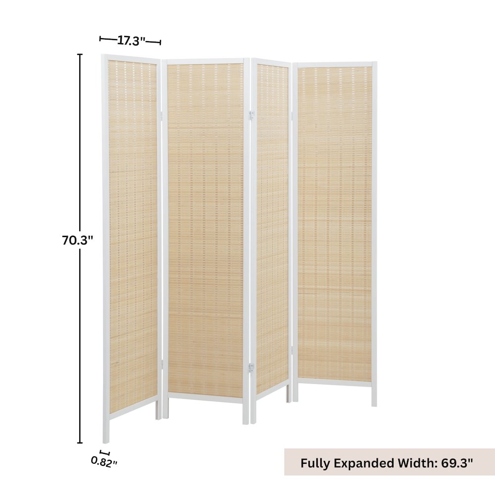 Inkwell 4-Panel Bamboo Room Divider, Folding Screen, Natural with White Frame. Picture 11