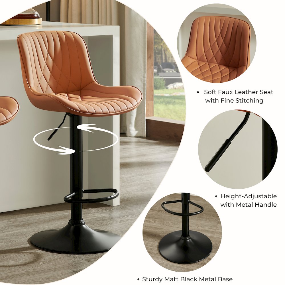 Kovyn Contemporary Adjustable Barstool with Faux Leather Swivel Seats, Set of 2. Picture 7