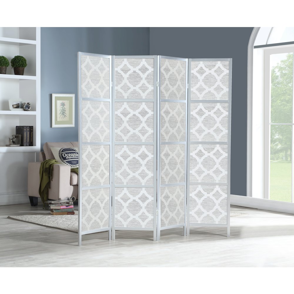 Quarterfoil infused Diamond Design 4-Panel Room Divider, Silver. Picture 2