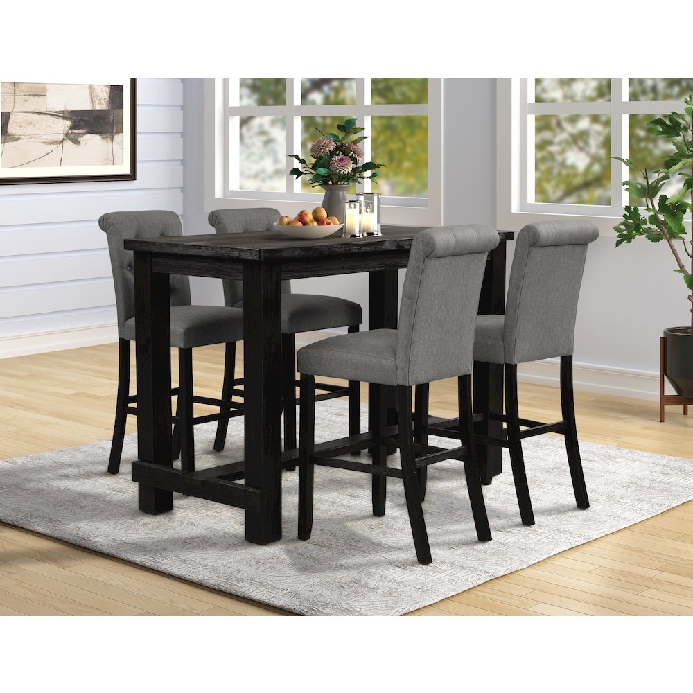 Leviton Antique Black Finished Wood 5-Pc Pub Set, Table with 4 Barstools, Gray. Picture 2