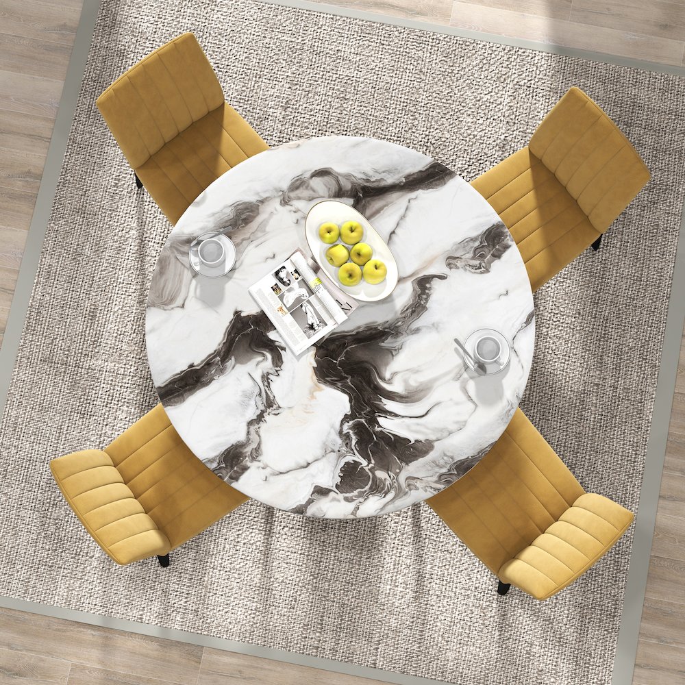 5-Piece Dining Set, Off-White Faux Marble Dining Table with Four Chairs, Yellow. Picture 5