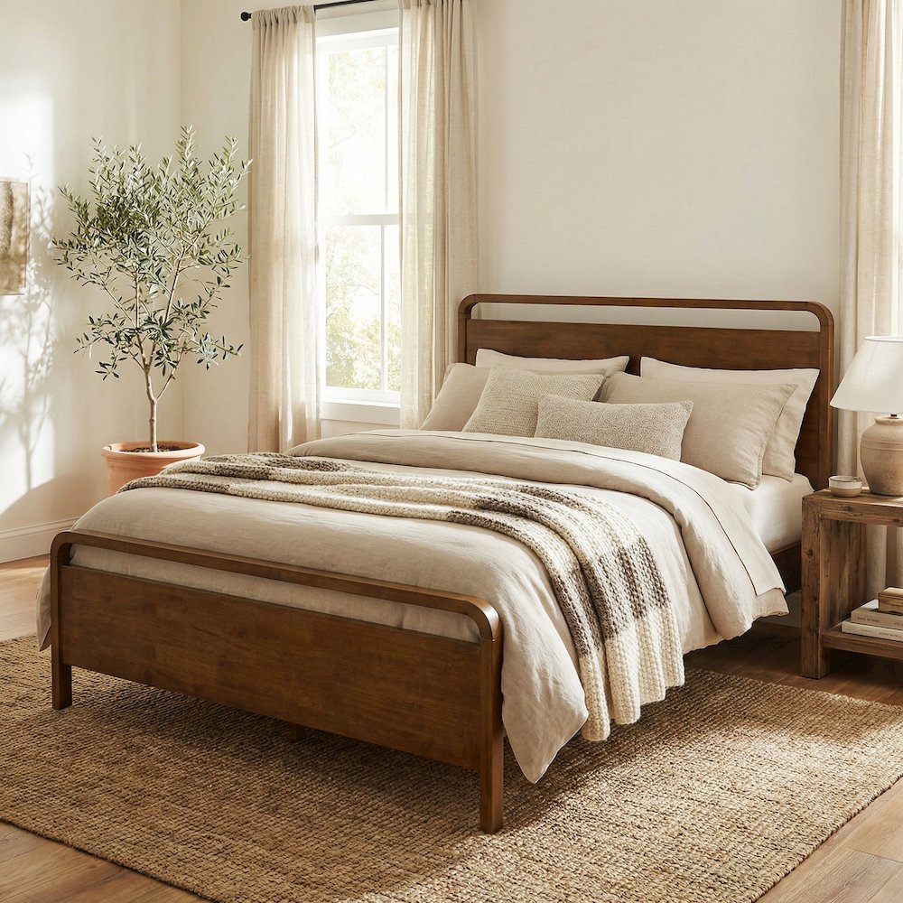 Eldren Wood Platform Bed in Walnut Finish, Queen. Picture 4