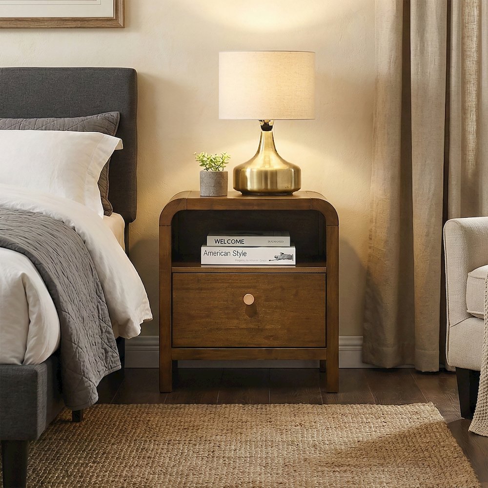 Eldren Wood Nightstand with Solid Rubberwood Frame, Walnut Finish. Picture 3