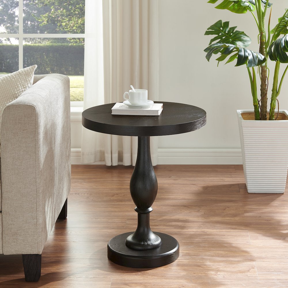 Solmere 22" Round Wood Pedestal End Table, Black. Picture 3