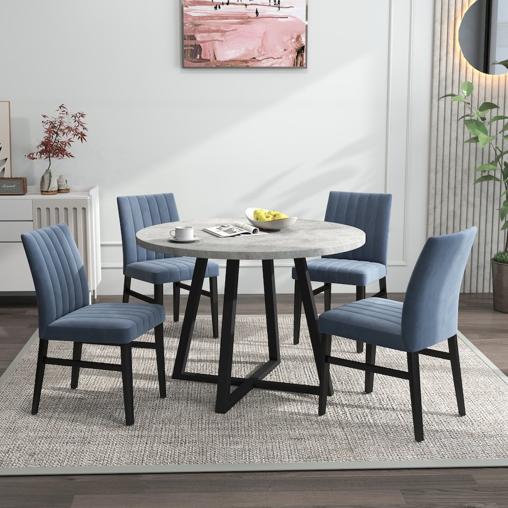 Edo 5-Piece Dining Set, Round Trestle Table and 4 Chairs, Gray and Blue. Picture 2