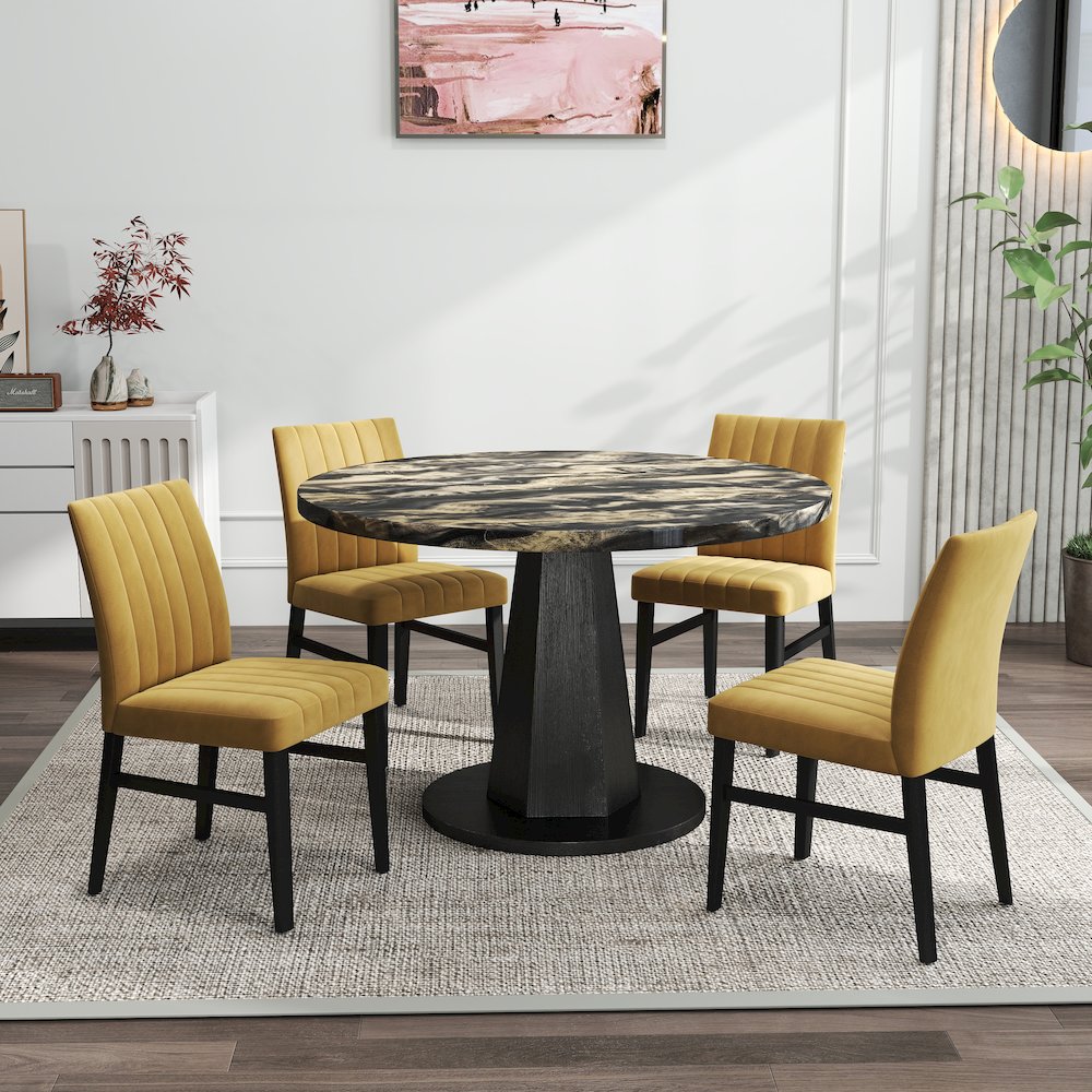 5-Piece Dining Set, Black and Gold Faux Marble Dining Table Four Chairs, Yellow. Picture 2